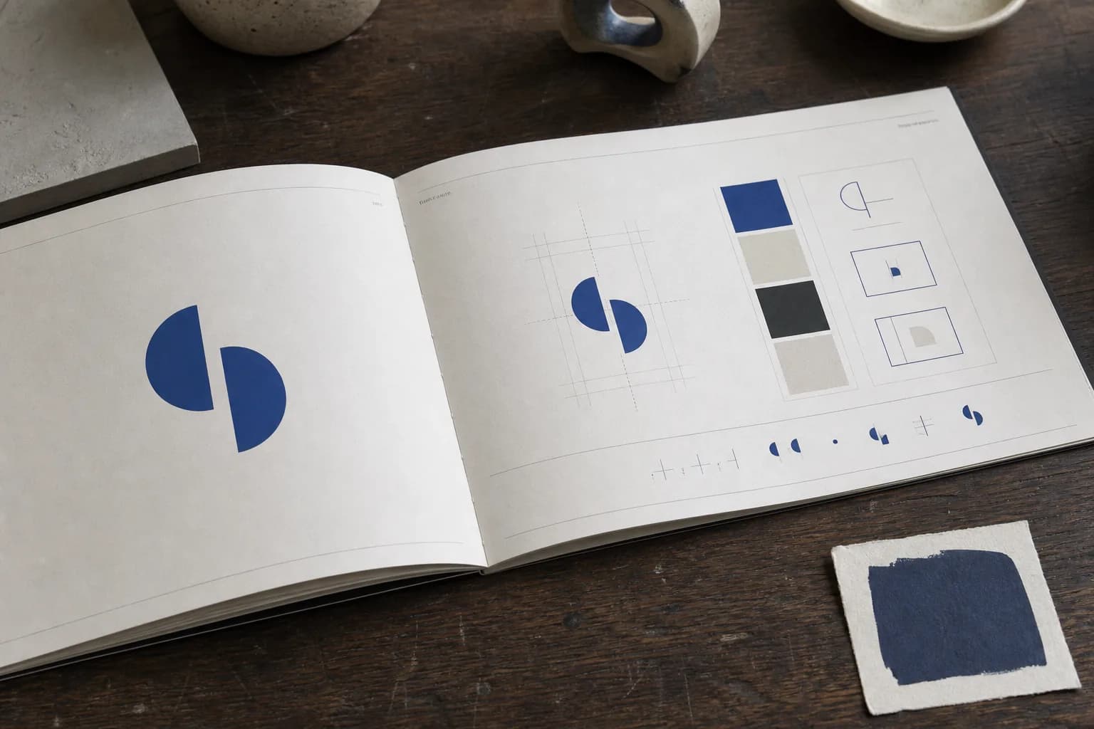 Open brand book presenting a restrained typography and colour system.