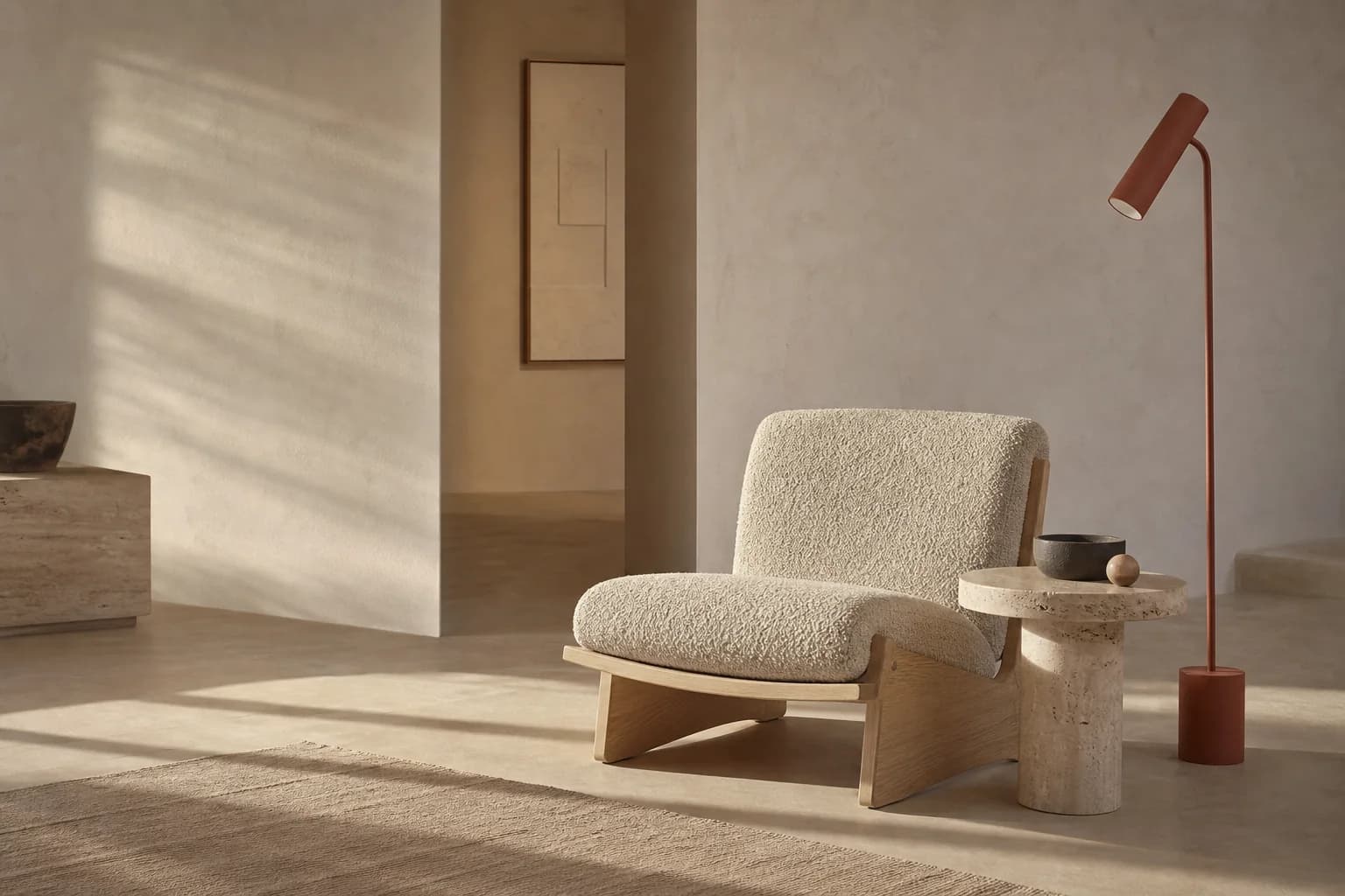 FORME lounge chair, stone table and Line Lamp in a warm minimal interior